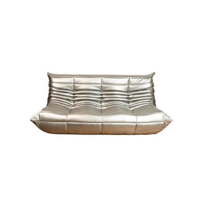Animal Skin Togo Three-Seater Sofa in Silver Leather by Michel Ducaroy for Ligne Roset, 1970 For Sale - Image 7 of 7