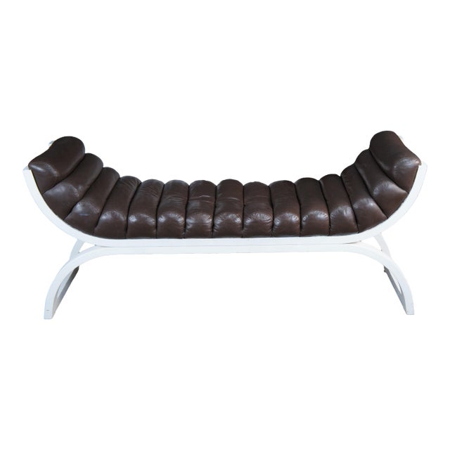 1980s Attribtued to Jay Spectre for Century Furniture Brown Leather White Bentwood "Eclipse" Bench For Sale