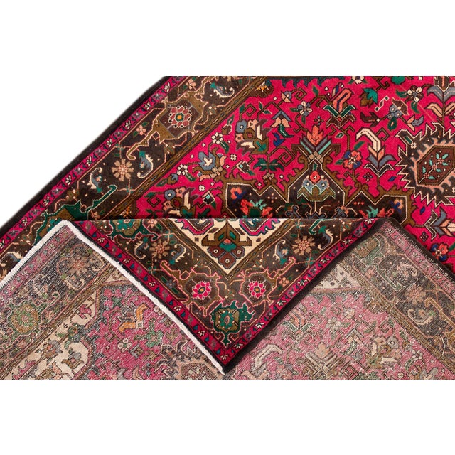 Traditional 1940s Vintage Persian Heriz Handmade Pink Flroral Wool Rug For Sale - Image 3 of 12