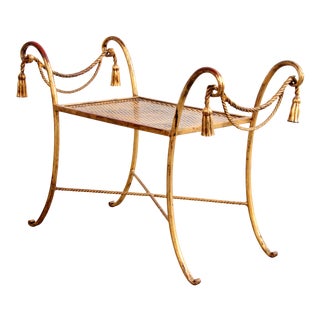 Hollywood Regency Gold Gilded Iron Faux Rope & Tassel Bench / Stool For Sale