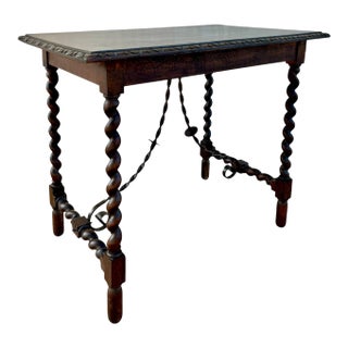 Spanish Barley Twist Side Table With Wrought Iron Stretchers, 1920s For Sale