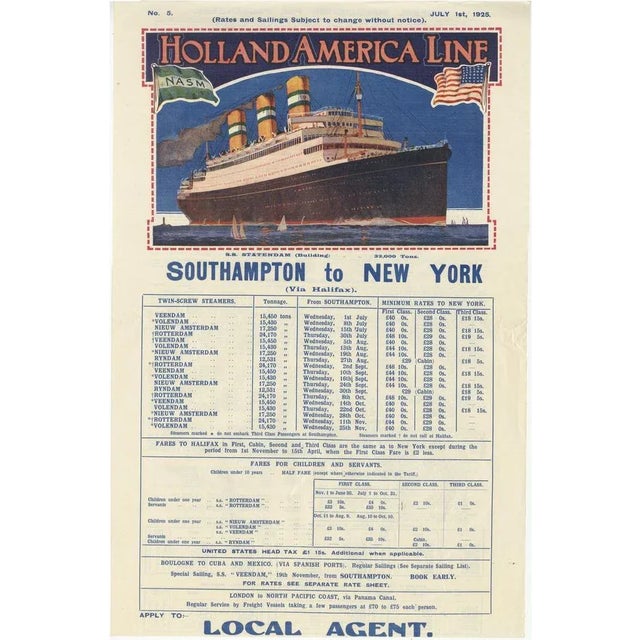Holland America Line of Southampton to New York Transatlantic Voyages Poster, 1925 For Sale - Image 6 of 6
