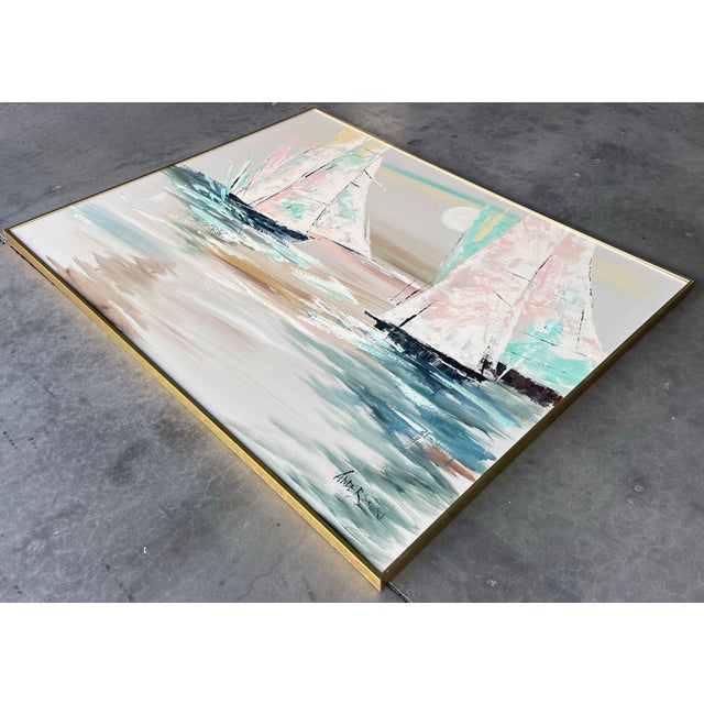 White Vintage Oversized Contemporary Coastal Sailboat Painting in Brass Frame, Signed For Sale - Image 8 of 12