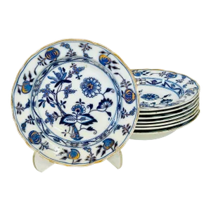 Antique Flow Blue Brown Westhead & Moore Bwm&c Blue Onion Meissen English Soup Bowls, Set of 8