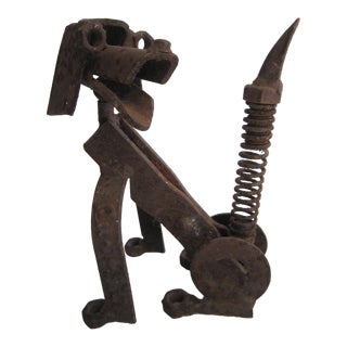Welded Folk Art Iron Dog Sculpture, Signed For Sale