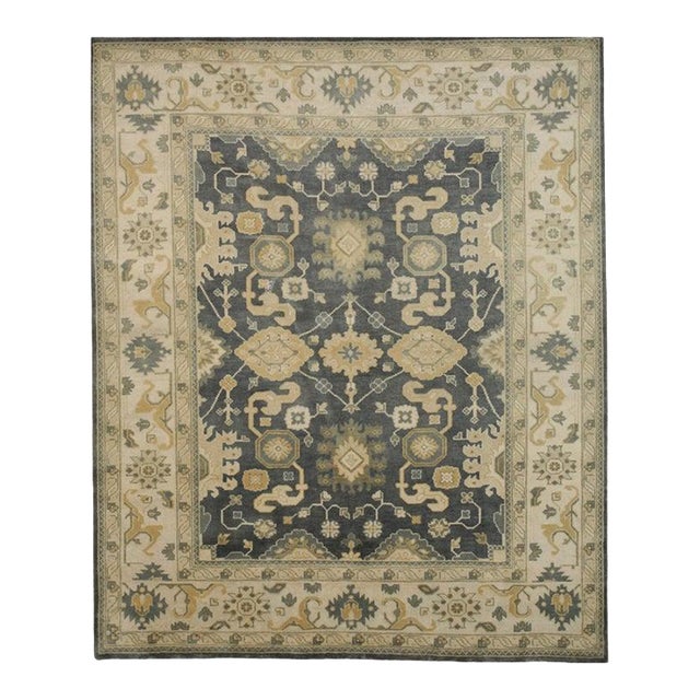 8x10 Blue Hand-Knotted Wool Layered Floral Border Classic Traditional Carpet Rug For Sale