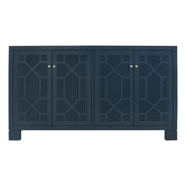 Matthew Izzo Home Claire Matte Navy Lacquer Four Door Buffet With Brass Knobs - Painted Trellis Design Cane Doors For Sale