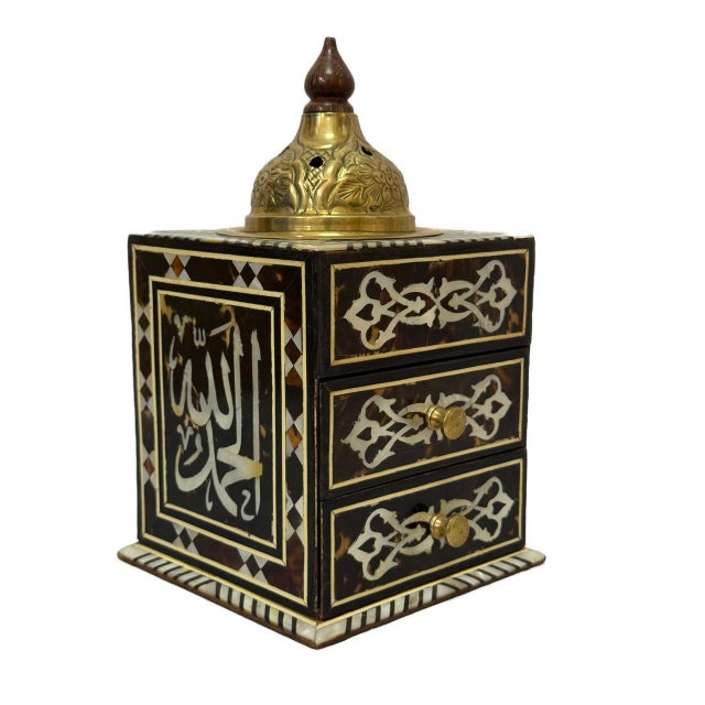 Handmade Wooden Incense Burner With Drawers & Brass Lid For Sale - Image 4 of 6