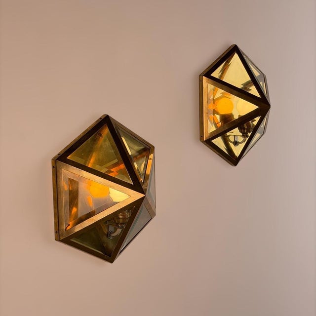 1970s Hexagonal Brass and Beveled Glass Wall Sconces by Josef Hoffmann, 1970s, Set of 2 For Sale - Image 5 of 18