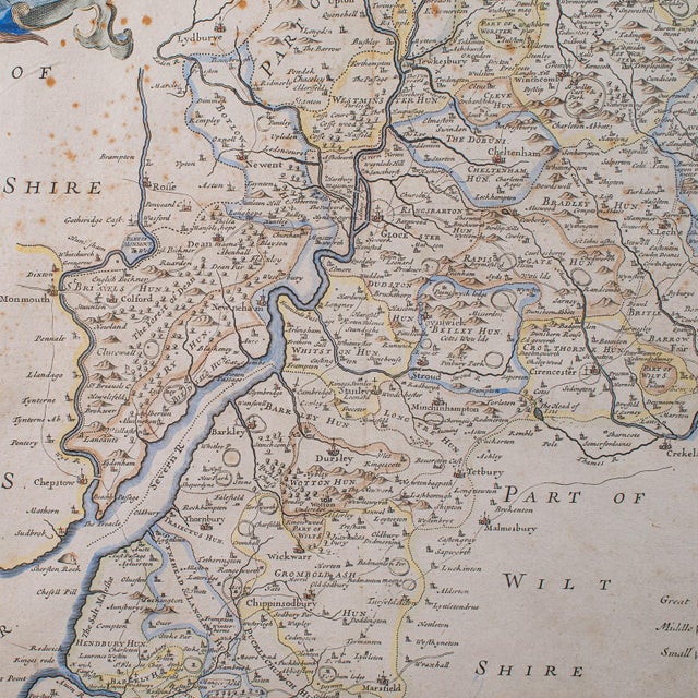 Glass Antique Framed Gloucestershire Map, English Atlas Engraving, Cartography, c.1700 For Sale - Image 7 of 12