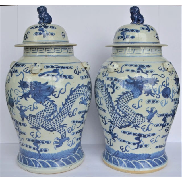 Chinoiserie White & Blue Dragon Baluster Ginger Jars - a Pair For Sale - Image 4 of 8