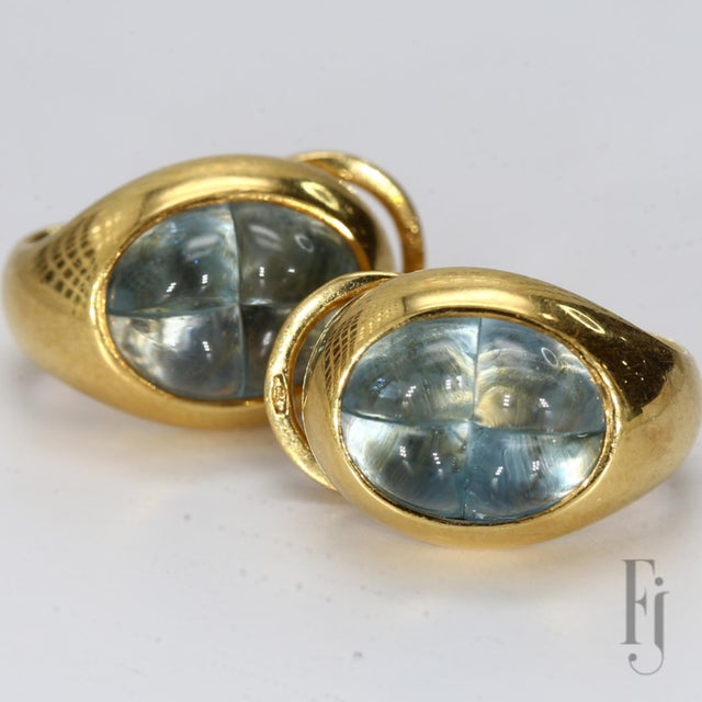 18k Yellow Gold Modified Hoop Earrings with Carved Aquamarine Cabochons Total Weight - 18.46g A74