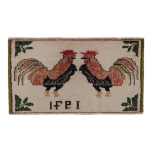 1970s Vintage Signature Pictorial Rug With Rooster Drawings