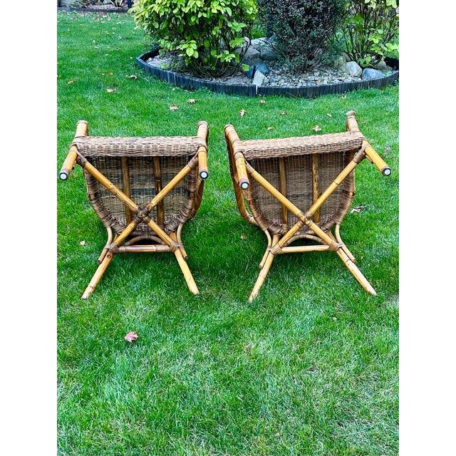 Pottery Barn Two Wicker, Rattan and Bamboo Boho Chic Style, Arm Chairs, W/Tan Cushions, 1990’s For Sale - Image 4 of 12