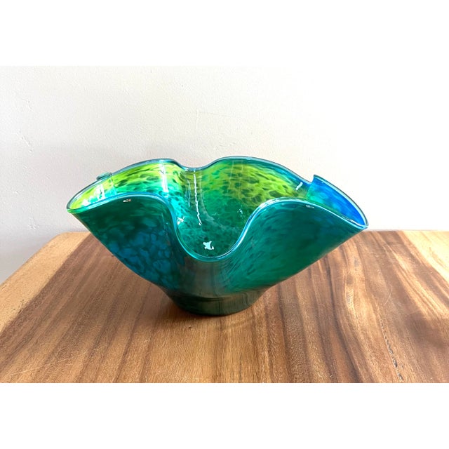 Rare gigantic studio mouth blown scalloped edge turquoise and blue glass centerpiece bowl Use it for apples or just as a...