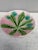 Majolica chestnut leaves plate Salins, circa 1880, on a pink background.