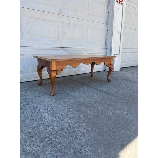 Queen Anne Vintage Oak Queen Anne Style Coffee Table | Colonial Style Cocktail Table For Sale - Image 3 of 11