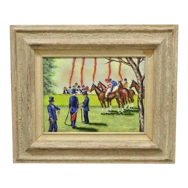 Late 20th Century Dom Dominic Mingolla Enamel on Copper Framed Painting Horse Jockey Race Derby For Sale