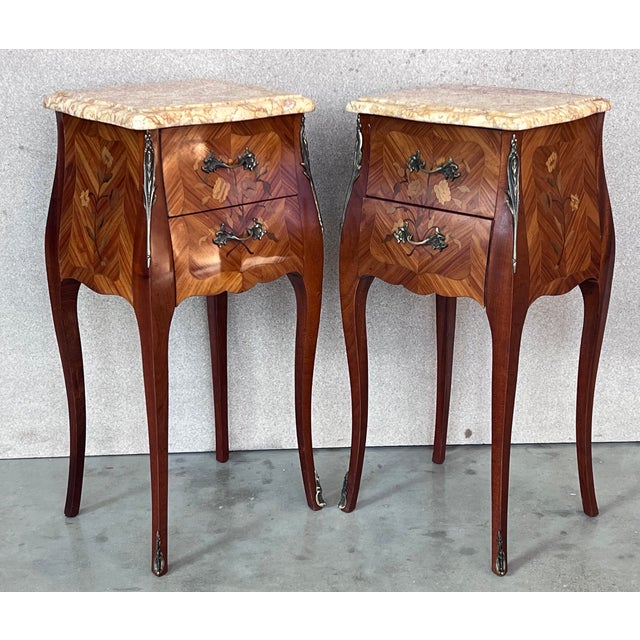 Textile Antique Louis XV French Marquetry Marble Top Nightstands, Set of 2 For Sale - Image 7 of 11