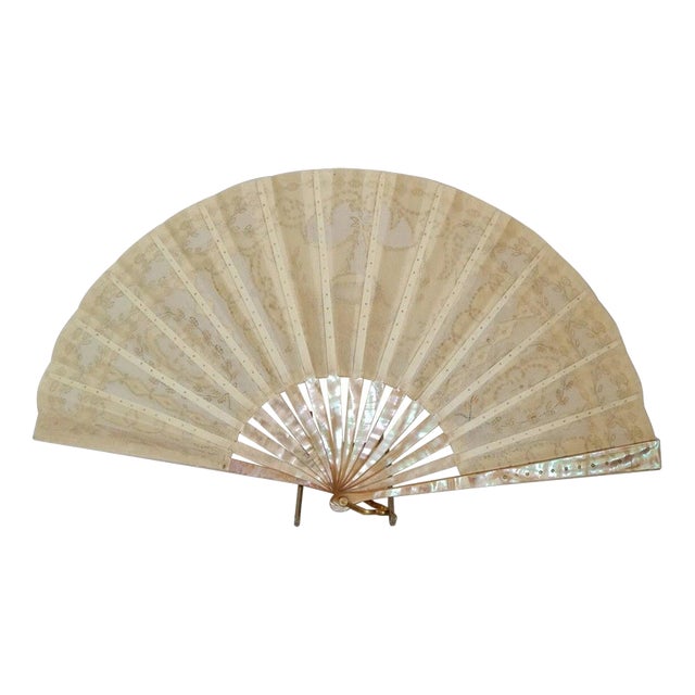 Antique European Embroidered Floral Fan with Sea Snail Shell Sticks, 1890 For Sale