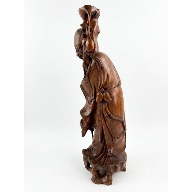 Chinese Impressive and Substantial 23-Inch Carved Wood Statue of Shou Lao, Chinese God of Longevity – Mid-20th Century For Sale - Image 3 of 8