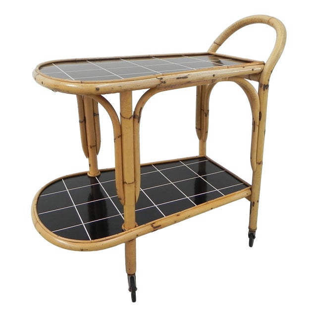 Bamboo Serving Trolley on Castors, 1950s For Sale