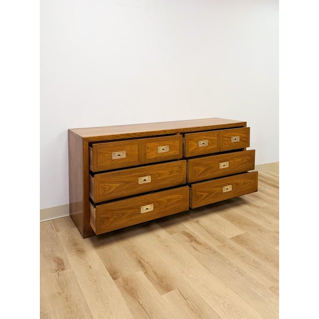 Vintage MCM Dixie Act 2 Campaign Style Dresser Brass Pulls Warm Wood Tone Lowboy For Sale - Image 9 of 14