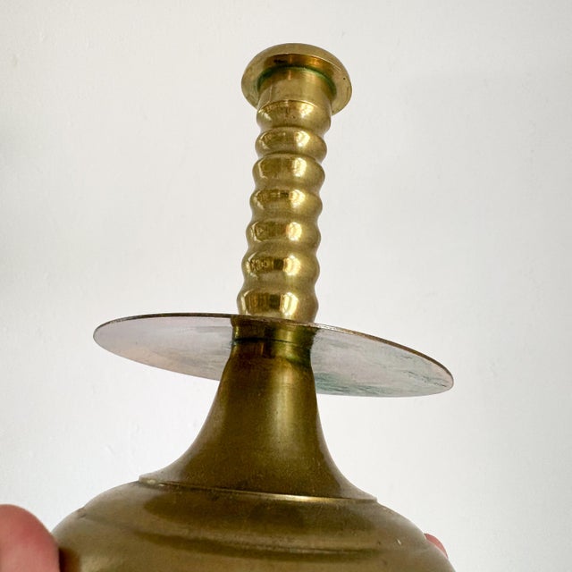 1960s Trumpet-Base Mid-Drip Textured Brass Candle Holders, Scandinavian Style Candlestick Holders - a Pair For Sale - Image 4 of 10