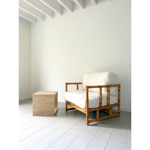 A simple yet striking 20th century Italian travertine stone cube. This vintage geometric cube side table is a fun and...