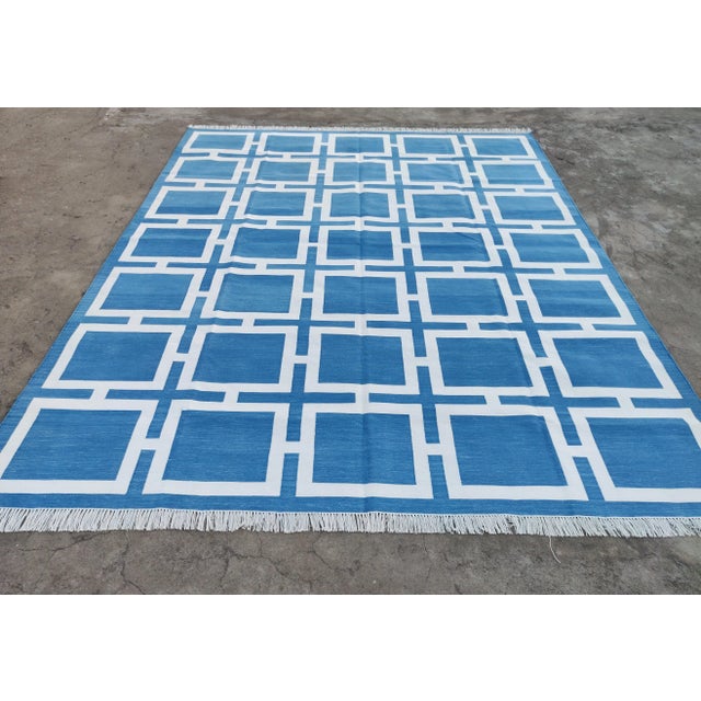 Mid-Century Modern Handmade Cotton Pattern Square Rug, Sky Blue and White 8'x10' For Sale - Image 3 of 11