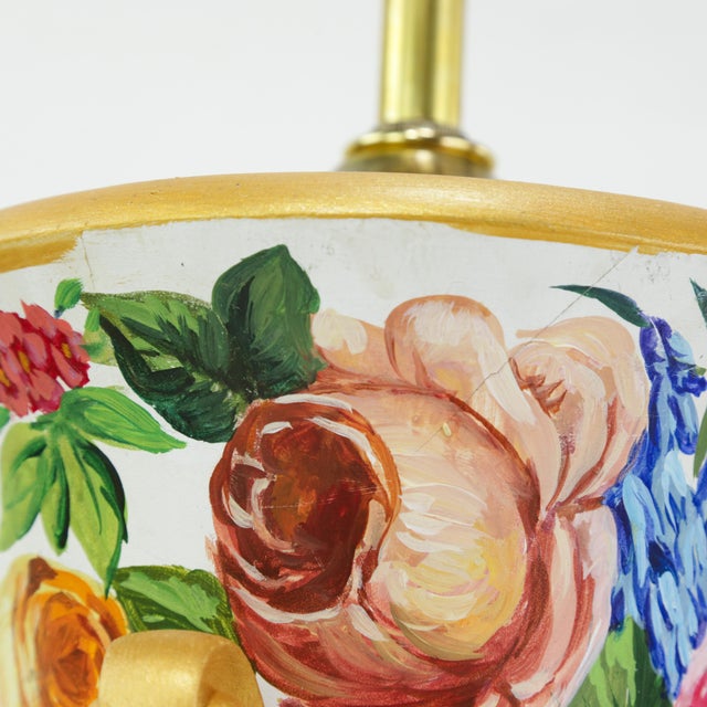 Pair of Vintage Floral Hand-Painted Brunschwig & Fils Wooden Table Lamps With Green Faux Marble Bases For Sale - Image 15 of 18