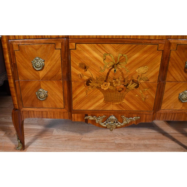 1880 French Louis XV Walnut Inlaid & Marble Top Pair Chest of Drawers / Commodes For Sale - Image 6 of 18