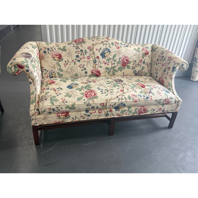 Off-white Vintage Hickory Chair Chinese Chippendale Floral Upholsterered Camelback Sofas in Lee Jofa Fabric - A Pair For Sale - Image 8 of 12