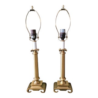 Pair Late 20th Century Column Form Art Deco Style Brass Candlestick Table Lamps For Sale