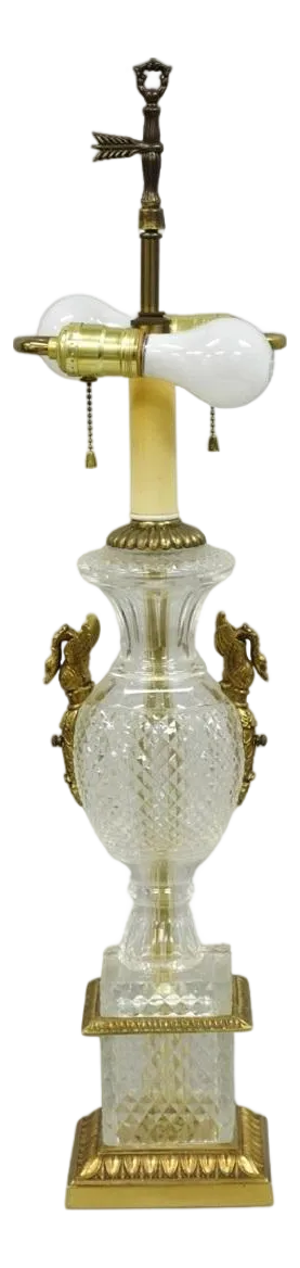 French Empire Regency Baccarat Style Glass Crystal Urn Table Lamp W/ Brass Swans