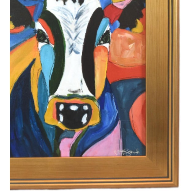 Colorful Picasso-style abstract portrait of a cow bull on stretched artist canvas. Signed by the talented artist...