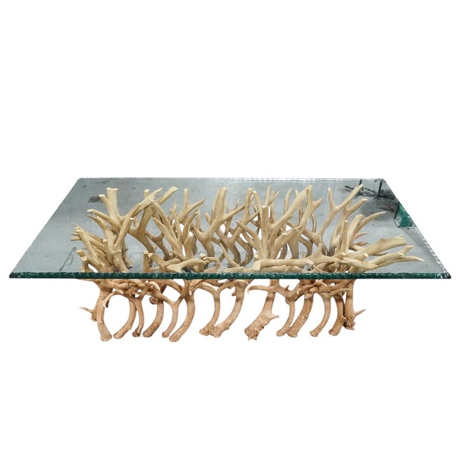 Bone 1990s Large American Faux Antler Base Etched Glass Top Coffee Table For Sale - Image 7 of 8