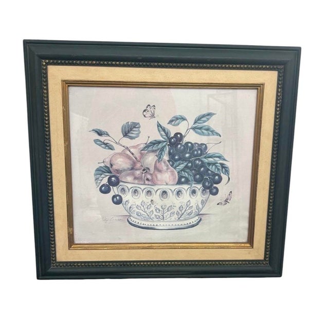 Vintage Framed Fruit Still Life Print by Patsy Craven - Botanical Bowl of Pears & Cherries For Sale - Image 4 of 12