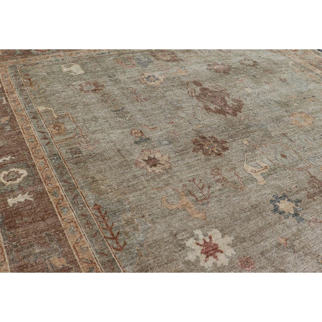 Large Turkish Angora Oushak Rug in Washed Sage With Rust and Ivory 11'10 X 17'4 For Sale - Image 15 of 17