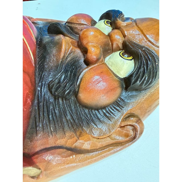 Vintage Hand-Carved Wood Daruma Bodhidharma Wall Mask With Hossu Fly Whisk For Sale - Image 9 of 12