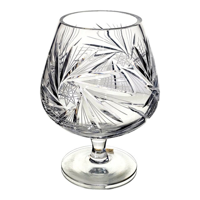 German Handcut Lead Crystal Giant Snifter Glass With Pinwheel Pattern, 9" Vintage Centerpiece For Sale