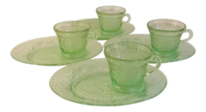 Indiana Glass Sandwich Green Luncheon Plates & Cups - Set of 4