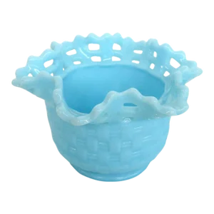 Fenton Basket Weave Style Blue Satin Glass Open Lace Edge Bowl Vase