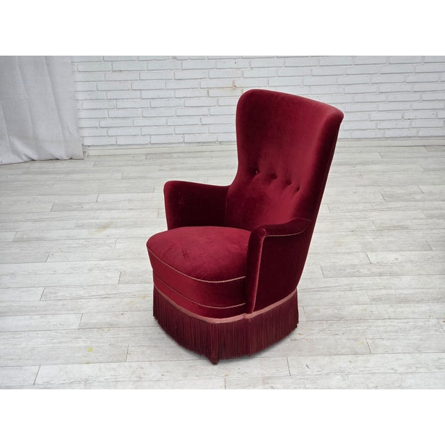 Danish Armchair in Cherry-Red Velour with Ash Legs, 1970s For Sale - Image 4 of 17