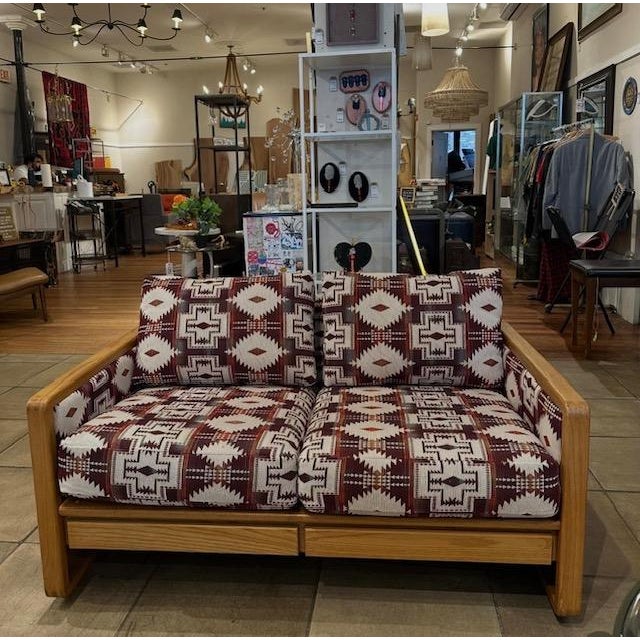 Reupholstered MCM Oak Loveseat and Chair Set For Sale - Image 4 of 7