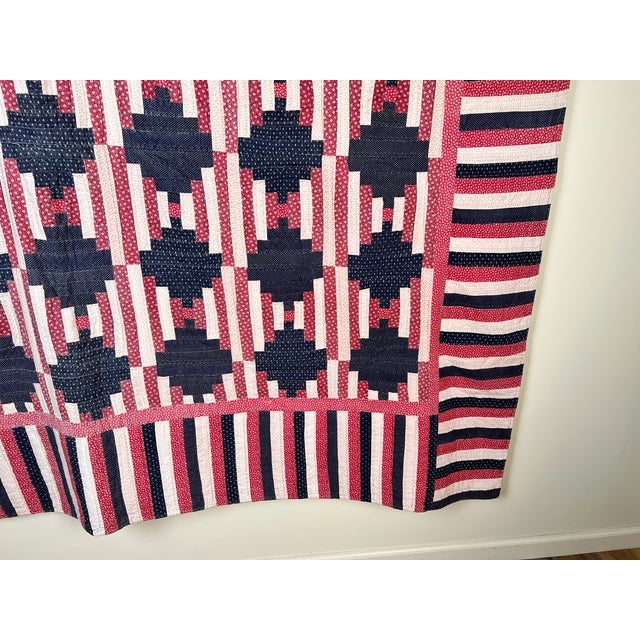 Matching Pair of Antique American Patriotic Hand Quilted Log Cabin Quilts C. Early 20th Century For Sale - Image 11 of 13