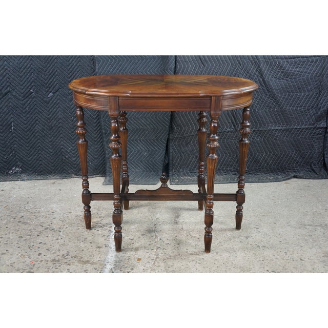 Mid Century Mersman Victorian Revival Walnut Burl Oval Inlaid Accent Table 30" For Sale - Image 10 of 18