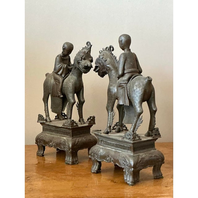 Metal Vintage Asian Pewter Immortal Couple Garden Ornaments - Set of 2 For Sale - Image 7 of 10