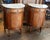 Elegant pair of Louis XVI style cabinets with demi lune forms and pale veined marble tops. Beautifully figured veneers are...