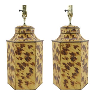 A Pair of Hand-Painted Turtle Shell Tea Can Hexagonal Table Lamps. For Sale